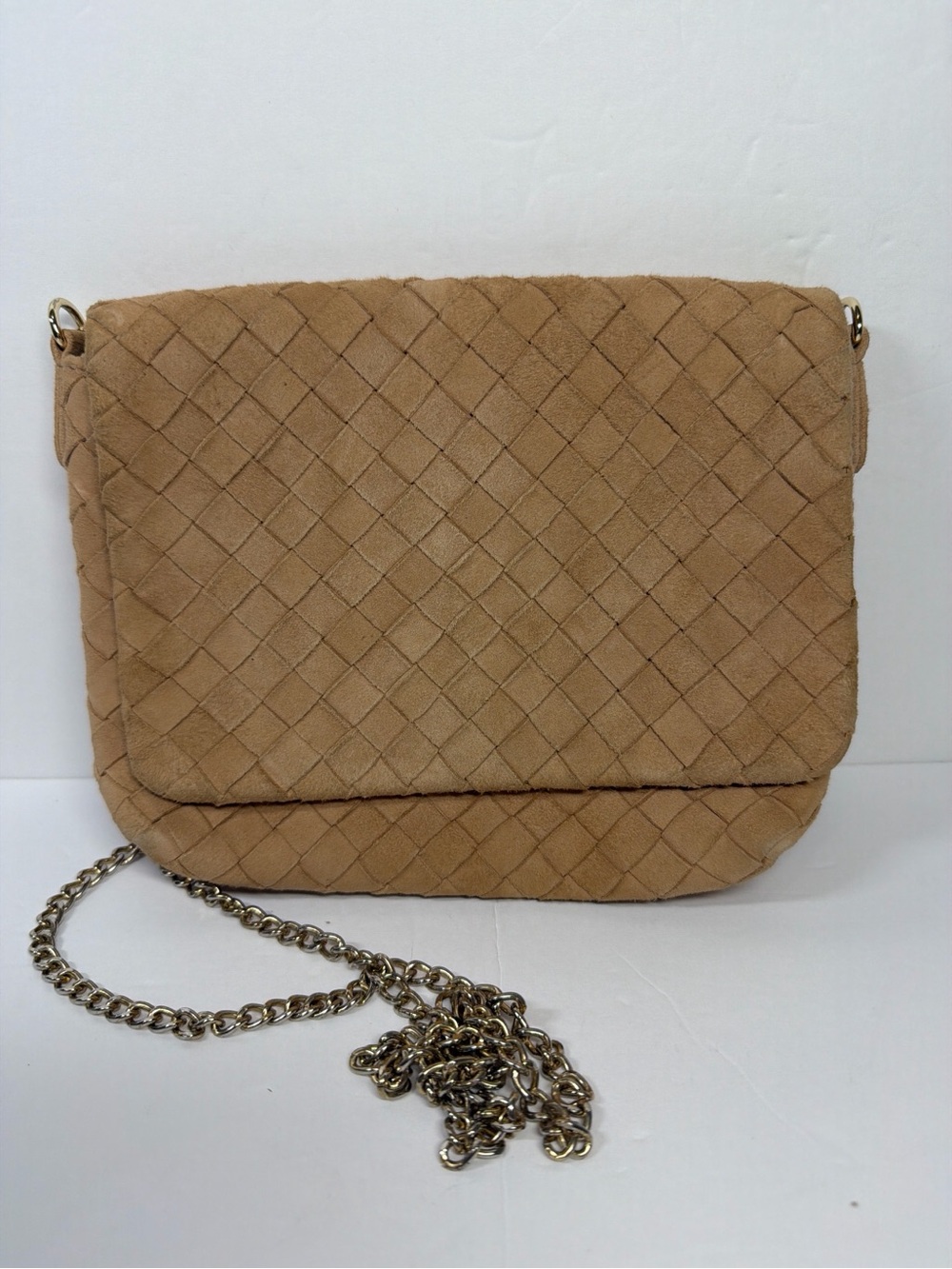 Hallhuber Woven Suede Crossbody Bag in Tan with Gold Chain Strap
